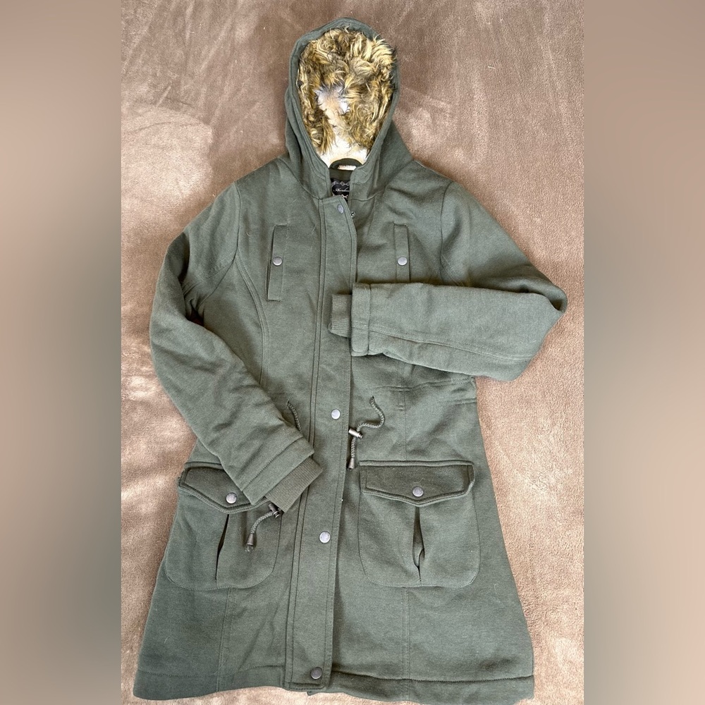 Ambiance Women Jacket Army Green Zip Military Style Hooded Coat Size S Faux Fur